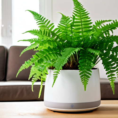 Home 4 ** A close-up shot of a healthy fern thriving in a smart pot with visible moisture sensors embedded in the soil. Soft, diffused grow lights illuminate the plant. The background is a blurred, modern living room. Focus is on the plant's vibrant green leaves and the sleek design of the smart pot.
**