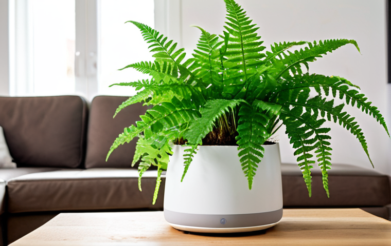 ** A close-up shot of a healthy fern thriving in a smart pot with visible moisture sensors embedded in the soil. Soft, diffused grow lights illuminate the plant. The background is a blurred, modern living room. Focus is on the plant's vibrant green leaves and the sleek design of the smart pot.
**