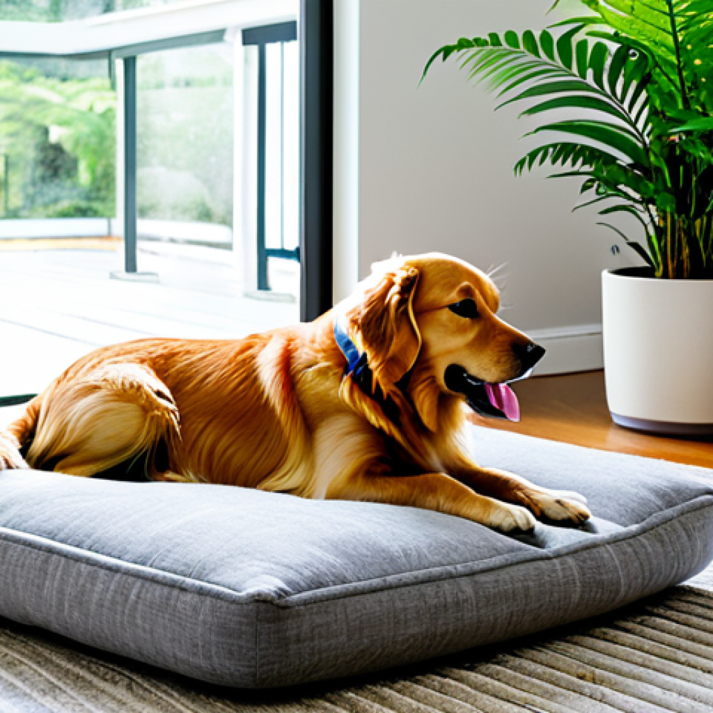 A contented golden retriever dog comfortably curled on a plush, grey pet bed in a sun-drenched modern living room. The space features large windows letting in abundant natural light, and is adorned with various vibrant, pet-safe plants such as spider plants, Boston ferns, and an Areca palm, enhancing the biophilic design. Natural wood elements, a soft jute rug, and a subtle, sleek white smart pet feeder in the background create a harmonious and serene environment. Fully clothed, appropriate attire, safe for work, perfect anatomy, correct proportions, natural pose, professional photography, high quality, modest, family-friendly.