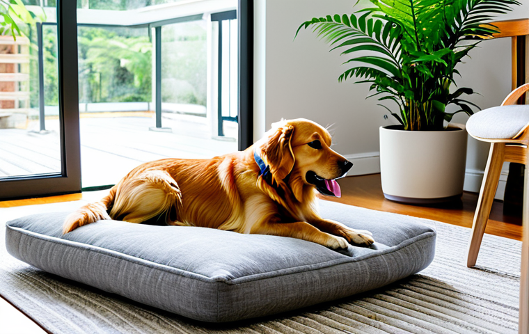 A contented golden retriever dog comfortably curled on a plush, grey pet bed in a sun-drenched modern living room. The space features large windows letting in abundant natural light, and is adorned with various vibrant, pet-safe plants such as spider plants, Boston ferns, and an Areca palm, enhancing the biophilic design. Natural wood elements, a soft jute rug, and a subtle, sleek white smart pet feeder in the background create a harmonious and serene environment. Fully clothed, appropriate attire, safe for work, perfect anatomy, correct proportions, natural pose, professional photography, high quality, modest, family-friendly.