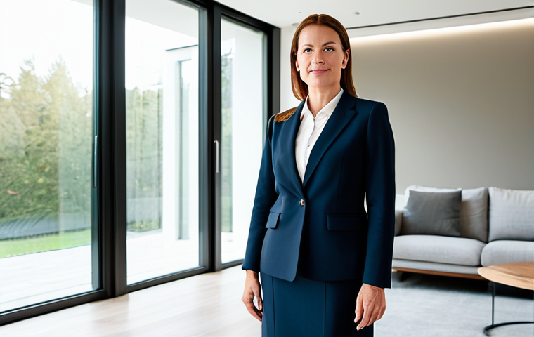 A professional interior designer, female, in a modest business suit, standing confidently in a modern living room. She is gently holding a luxurious, insulated blackout drape, partially open to reveal a large, double-glazed window. Natural light streams in, illuminating the comfortable, energy-efficient space. The room features clean lines and contemporary furniture. High quality, professional photography, perfect anatomy, correct proportions, well-formed hands, natural pose, safe for work, appropriate content, fully clothed, professional dress, family-friendly.
