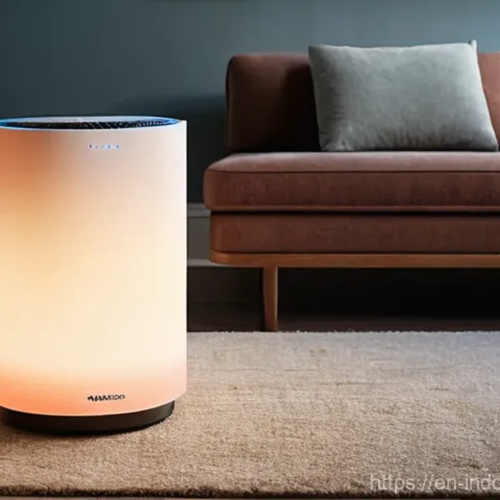 공기청정기 구매 팁 - **Prompt:** A cozy, sunlit living room at golden hour, filled with soft light revealing numerous dus...