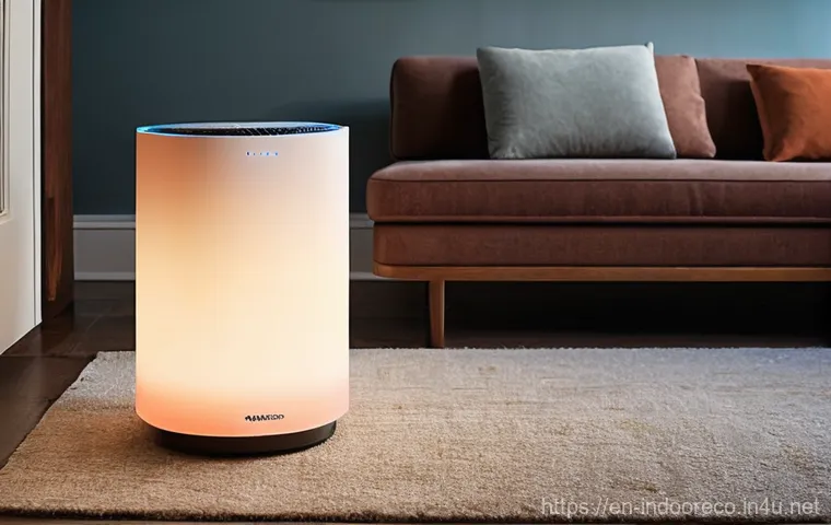 공기청정기 구매 팁 - **Prompt:** A cozy, sunlit living room at golden hour, filled with soft light revealing numerous dus...