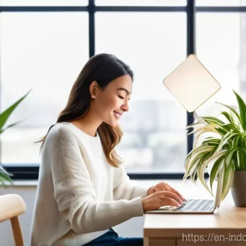 습도 조절을 위한 식물 - **Prompt:** A young professional woman (early 30s, dressed in comfortable, stylish casual wear, like...