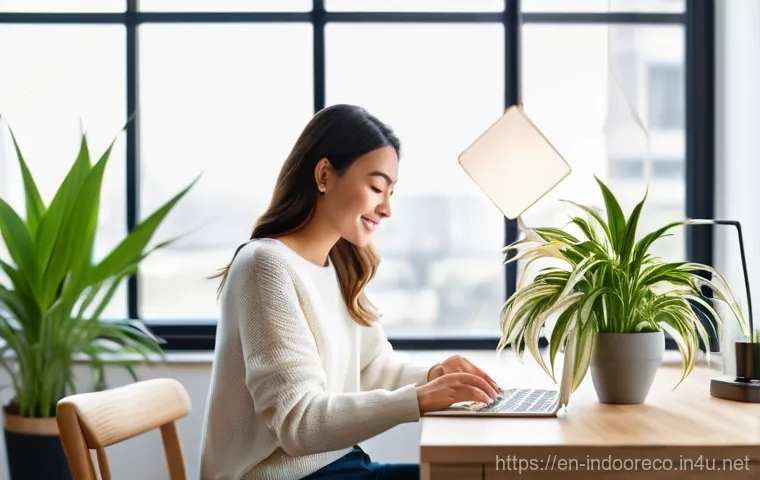 습도 조절을 위한 식물 - **Prompt:** A young professional woman (early 30s, dressed in comfortable, stylish casual wear, like...