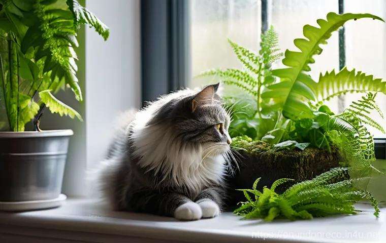 습도 조절을 위한 식물 - **Prompt:** A lush and vibrant corner of a contemporary living room, transformed into a natural, tro...