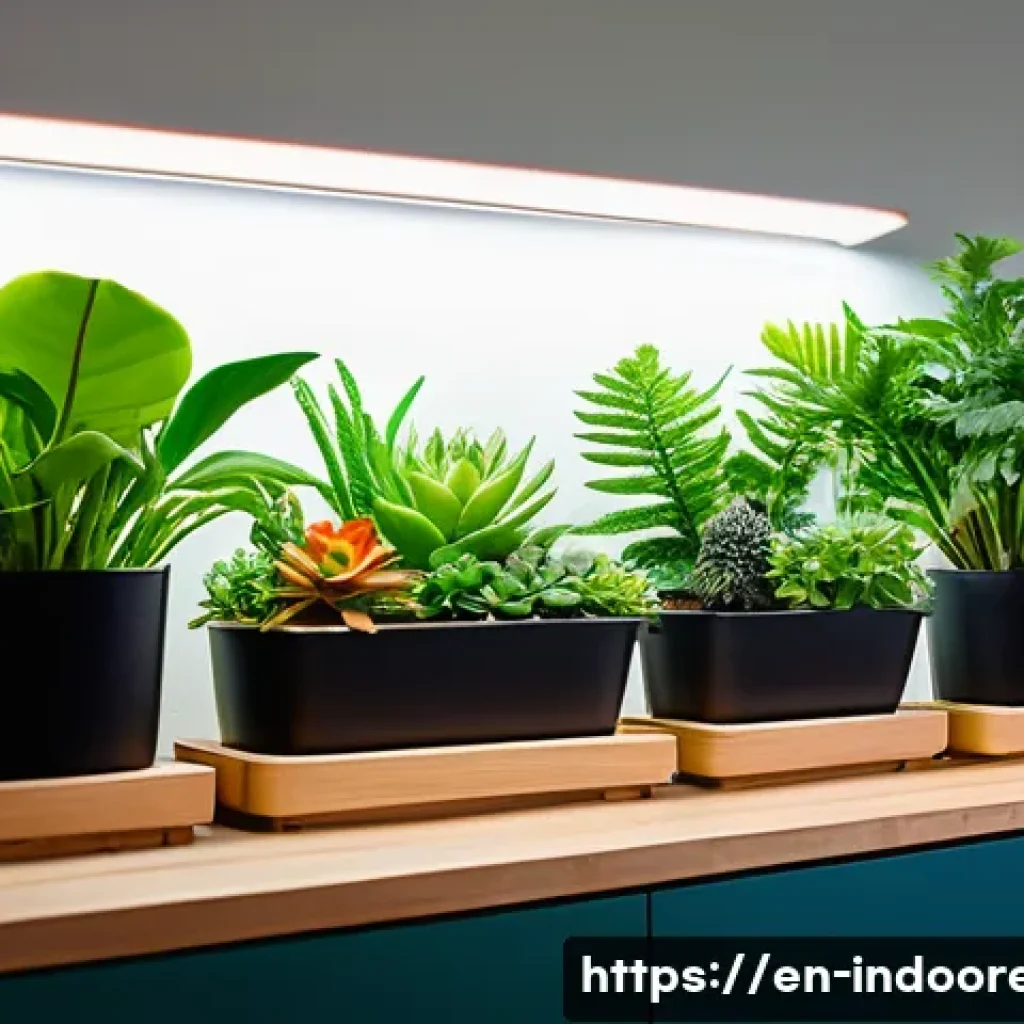 스마트 조명 시스템과 식물 - A modern indoor gardening setup featuring a variety of thriving houseplants like succulents, ferns, ...