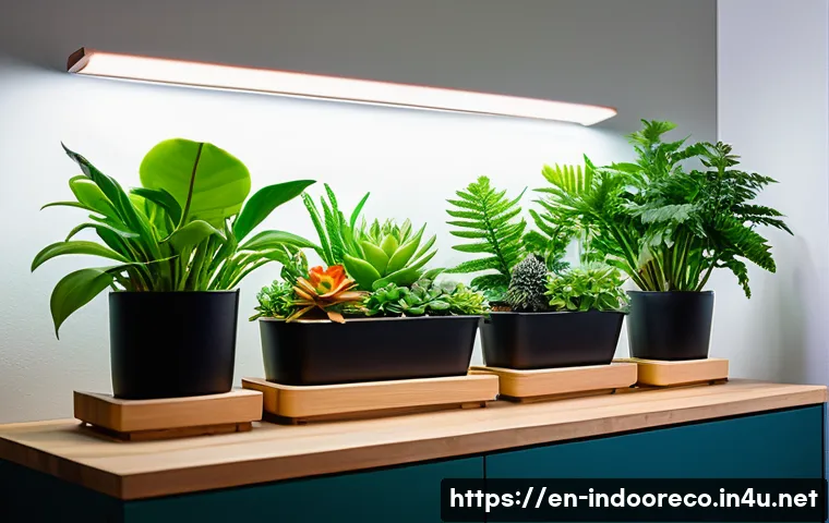 스마트 조명 시스템과 식물 - A modern indoor gardening setup featuring a variety of thriving houseplants like succulents, ferns, ...