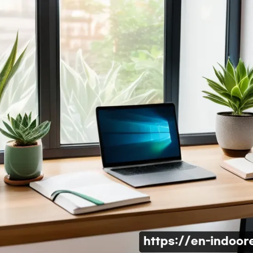 식물의 심리적 효과 - A cozy modern home office scene featuring a wooden desk by a large window with bright natural light ...