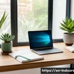 식물의 심리적 효과 - A cozy modern home office scene featuring a wooden desk by a large window with bright natural light ...