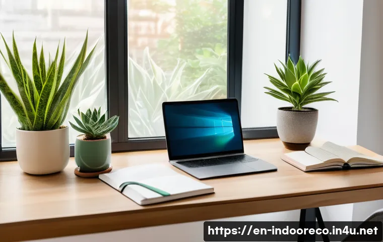 식물의 심리적 효과 - A cozy modern home office scene featuring a wooden desk by a large window with bright natural light ...