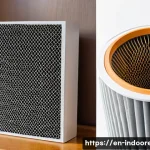 공기청정기 필터 교체 주기 - A close-up, highly detailed image of a modern air purifier filter with visible dust and debris build...