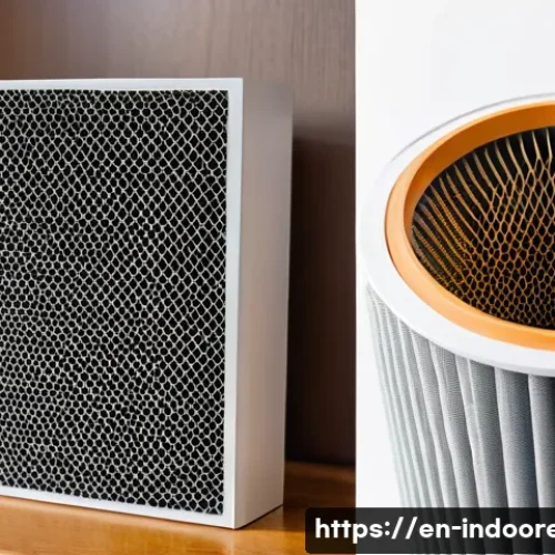 공기청정기 필터 교체 주기 - A close-up, highly detailed image of a modern air purifier filter with visible dust and debris build...