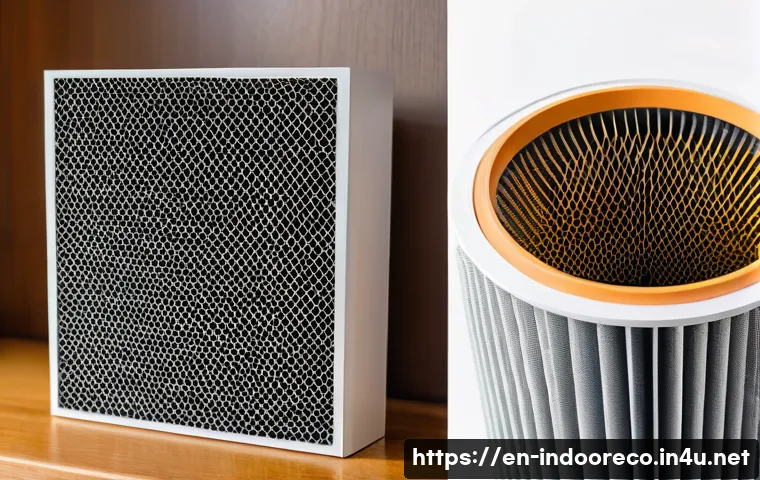 공기청정기 필터 교체 주기 - A close-up, highly detailed image of a modern air purifier filter with visible dust and debris build...
