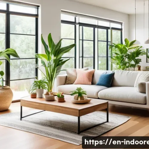 실내 미생물군의 균형 - A bright, modern living room with large open windows showing fresh outdoor greenery, sunlight stream...
