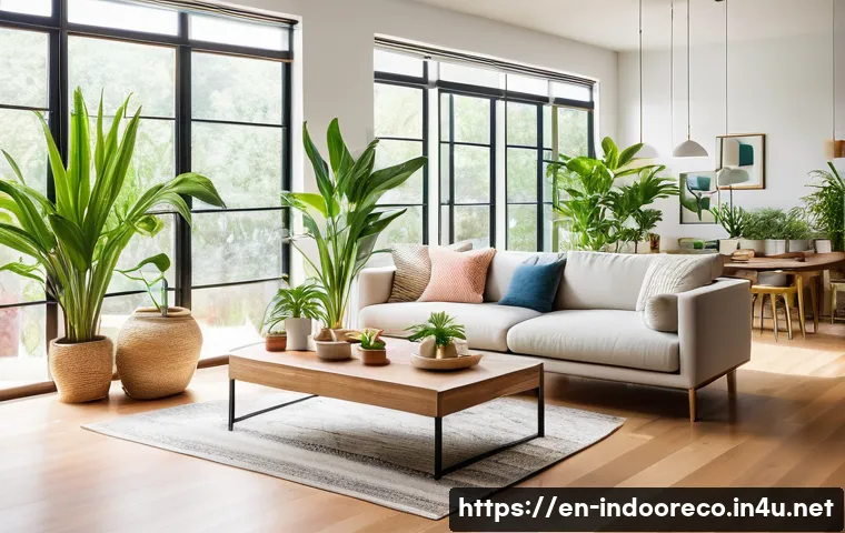 실내 미생물군의 균형 - A bright, modern living room with large open windows showing fresh outdoor greenery, sunlight stream...