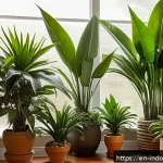 자연주의 실내 생태계 - A cozy indoor corner featuring a layered arrangement of lush green plants: tall dracaenas and palms ...