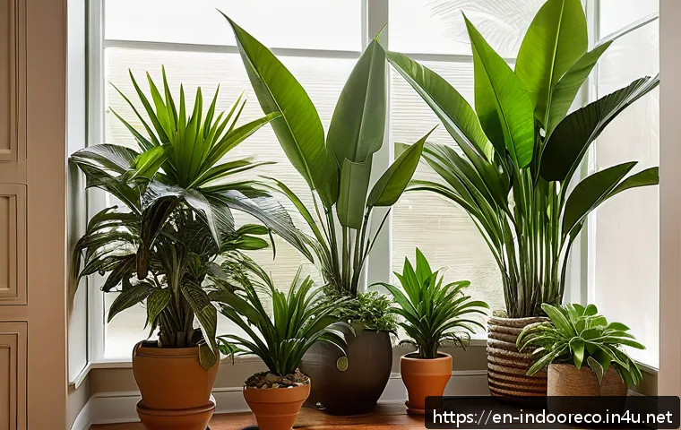 자연주의 실내 생태계 - A cozy indoor corner featuring a layered arrangement of lush green plants: tall dracaenas and palms ...