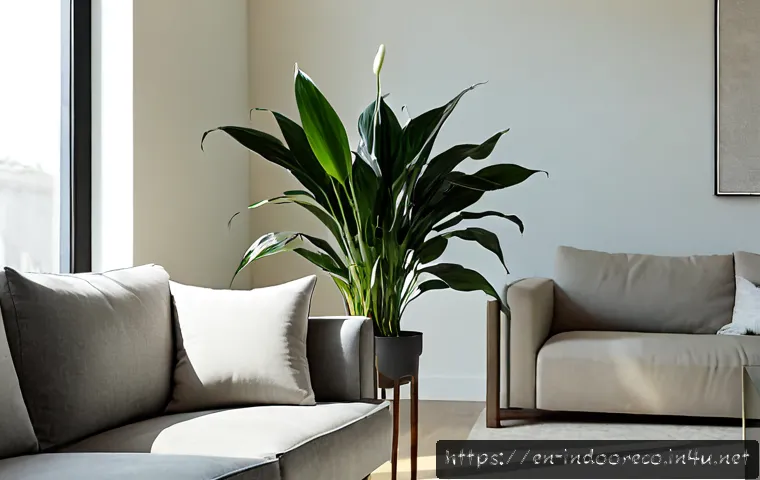 실내 공기 청정 식물 - Photorealistic bright living room featuring a tall snake plant, lush peace lily, and cascading potho...