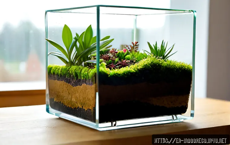 실내 미생물과 생태계 - Photorealistic modern living room ecosystem scene, a sunlit windowsill with several healthy housepla...