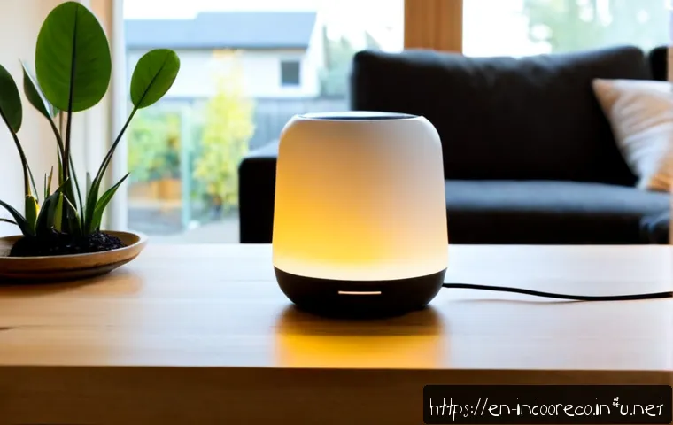 스마트 홈을 위한 공기질 측정 - Photorealistic modern smart home living room with a compact air quality monitor on a wooden side tab...
