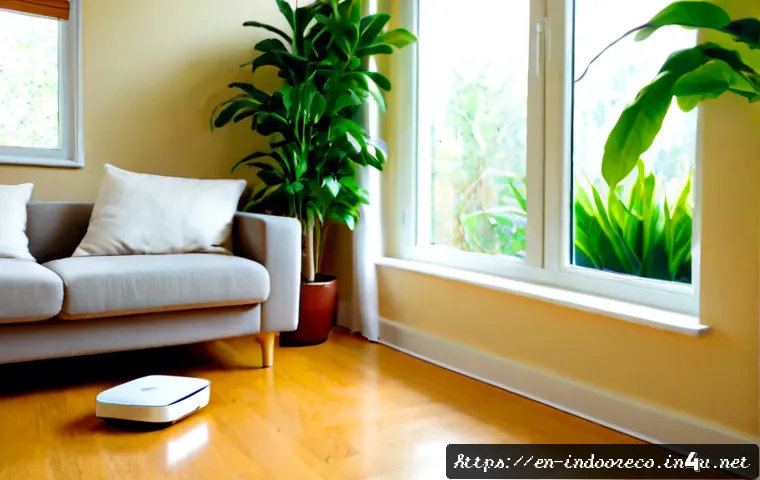 Home 17 실내 공기질과 건강 - Photorealistic bright family living room illustrating healthy indoor air quality, a middle-aged woma...