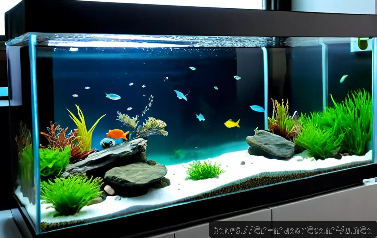 바이오필터의 활용 - Photorealistic home aquarium filtration scene, crystal-clear freshwater tank with colorful fish and ...